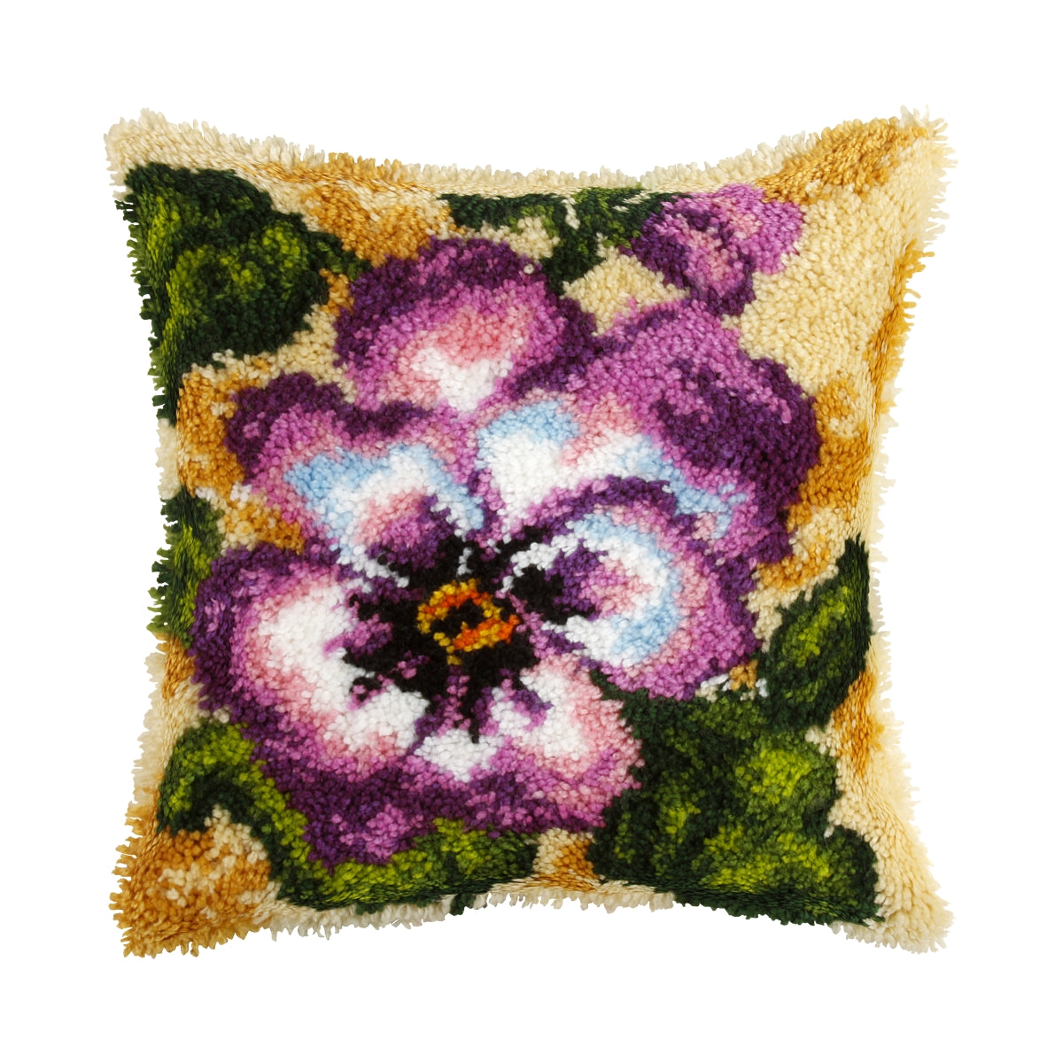 Latch-hook Kit on canvas featuring a Pansy design, includes yarn, tool, and instructions for creating a floral cushion.